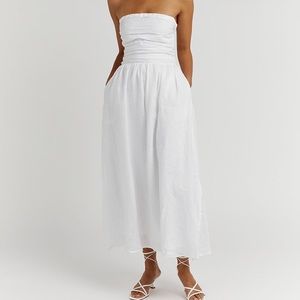 LEXI WHITE LINEN MIDI DRESS Sz 10 elastic back with pockets!!